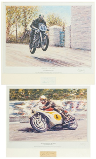 Two Isle of Man TT Races limited edition prints mounted with original autographs of Mike Hailwood an