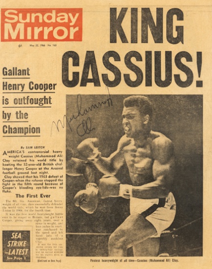 Sunday Mirror newspaper signed by Muhammad Ali the day after his defeat of Henry Cooper at Arsenal F