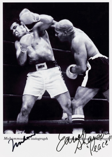 Muhammad Ali v Earnie Shavers double signed photographic print