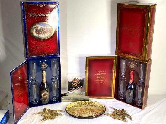 Commemorative Anheuser-Busch sets, Miller High Lite counter sign, Anheuser-Busch wall plaques