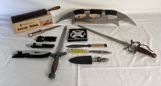 Tiger Hook Sword, Twister, Bowie & throwing knives, (2) Spanish daggers, Crock Sticks and strop