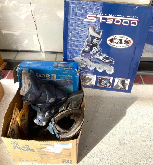 (2) Pair of rollerblades, men's size 6 other( ?), wheels and a pool boat
