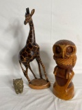 Brass and wood owl and giraffe figurines