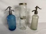 (2) Vintage glass seltzer bottles and (2) Ball jars