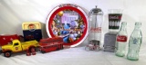 Coca Cola collectibles - truck, bus, bicycle, bottles and plate & Pepsi AM/FM radio