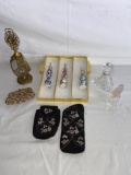 Ornate & (3) glass perfumes (1 missing wand), beaded glasses & cigarette cases