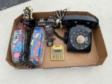 Rotary phone, (2) Conair see thru phones, ticker tape and cash register models