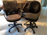 (2) Black fabric rolling office chairs & glass and metal computer desk