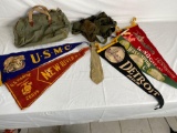 Paratrooper belt, military bag, tie and US Marine and other pennants, Korean paperweight