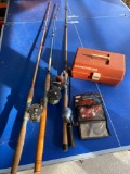 Penn 60 and (2) other saltwater rods, (1) freshwater rod with Durango reel and tackle box