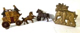 Metal elephant doorstop, carriage figurine and cast iron horse