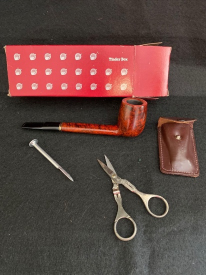 Tinder Box pipe (marked France) and Italian folding scissors