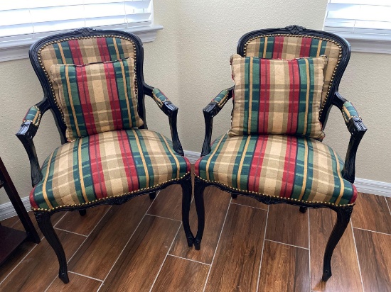 (2) wood chairs with plaid upholstery