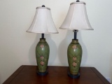 (2) green floral table lamps