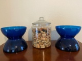 Lidded glass container and (2) IKEA blue vases