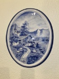 Italian oval, ceramic blue and white wall plaque