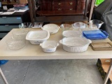 (4) Corning Ware casseroles with lids and assorted glass bakeware and bowls