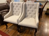 (2) tufted white linen upholstered armchairs