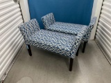 (2) blue and white upholstered benches 26