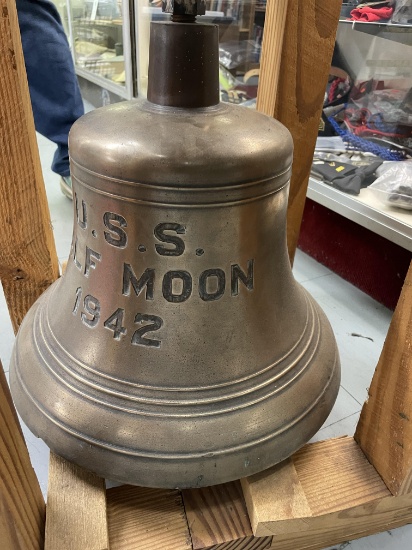 USS Half Moon 1942 Brass Bell w/ Clapper w/ Several Repairs 16"" x 16""