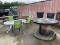 (Lot) Concrete Picnic Table, Metal and Glass Outdoor Table w/ (4) Charis and Steel Mesh Top Table