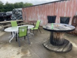 (Lot) Concrete Picnic Table, Metal and Glass Outdoor Table w/ (4) Charis and Steel Mesh Top Table