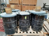 Pallet of Five 55 Gallon Drums with rolling stands.