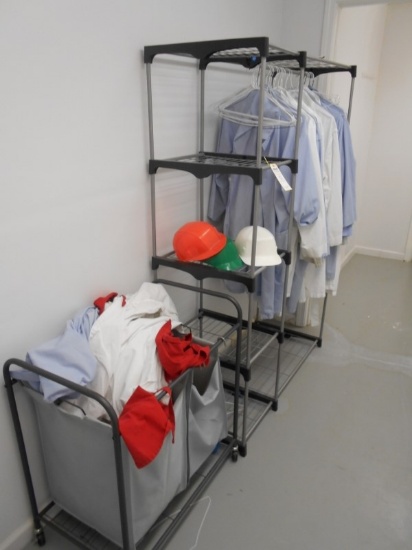 CLOTHES RACK, DIRTY CLOTHES HAMPER, LAB COATS