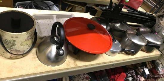 Kitchen Lot- Pots, Skillet, Ice Bucket and Tea Pot