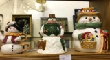 2 Snowman Cookie Jars and 1 Snowman Tea Cup/ Kettle