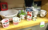 Assorted Christmas Decor Mugs and Punch Bowl