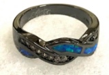 Wave Blue Fire Opal and CZ Band/ Ring Size 8