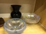 2 Iridescent Bowls- No Chips (1 Is Fenton) and Amethyst Vase