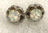 Round Cut White Fire Opal Flower Stud Earrings