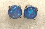 Blue Round Cut Fire Opal Stud Earrings