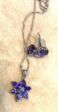 Sterling Silver Amethyst Flower Pendant with Chain and Earrings (Not silver)