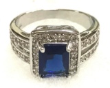Square Blue Sapphire with CZ Ring Size 10