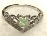 Heart Cut White Fire Opal and CZ Ring size 8
