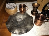Silver plate dish, Copper Vase and Copper Mugs