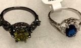 Olive Green Peridot Ring Size 8 and Blue Sapphire and Cz Ring Size 7
