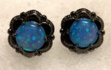 Round Blue Fire Opal Flower Shaped Claw Stud Earrings