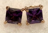 Princess Cut Purple Amethyst Stud Earrings Rose Gold