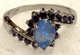 Oval Cut Blue Fire Opal ring with Amethyst Size 9