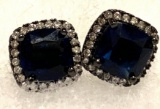 Princess Cut Blue Sapphire and CZ Earrings