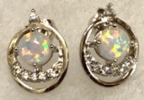 White Crystal Round Fire Opal Stud Earrings