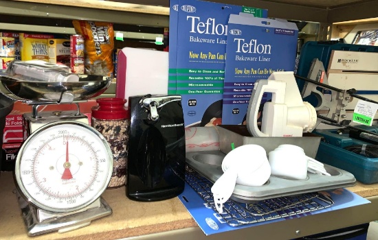 Kitchen Lot- Baking Pans, Teflon Liners, Scale, Can Opener etc