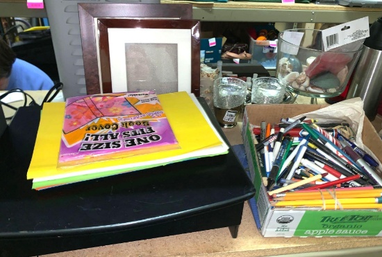 Computer Stand with Drawer, Pens, Pencils, Paper and 2 Picture Frames