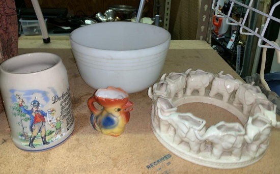Vintage Hamilton Beach Mixing Bowl,Vintage Japanese Creamer, Wood Match Stick Holder and German Mug