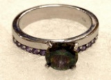 Round Cut Mystic Topaz and Amethyst Ring Size 10