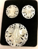 Vintage Carved Mother of Pearl Brooch and Earrings Set- Signed Bethlehem